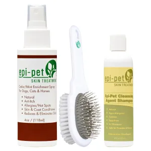 Epi-Pet Small Basic Skin & Coat Care Kit 4 oz. Coat Enrichment Spray (Cedar/Mint), 8 oz. Shampoo & Pet Double Sided Application Brush for Dogs